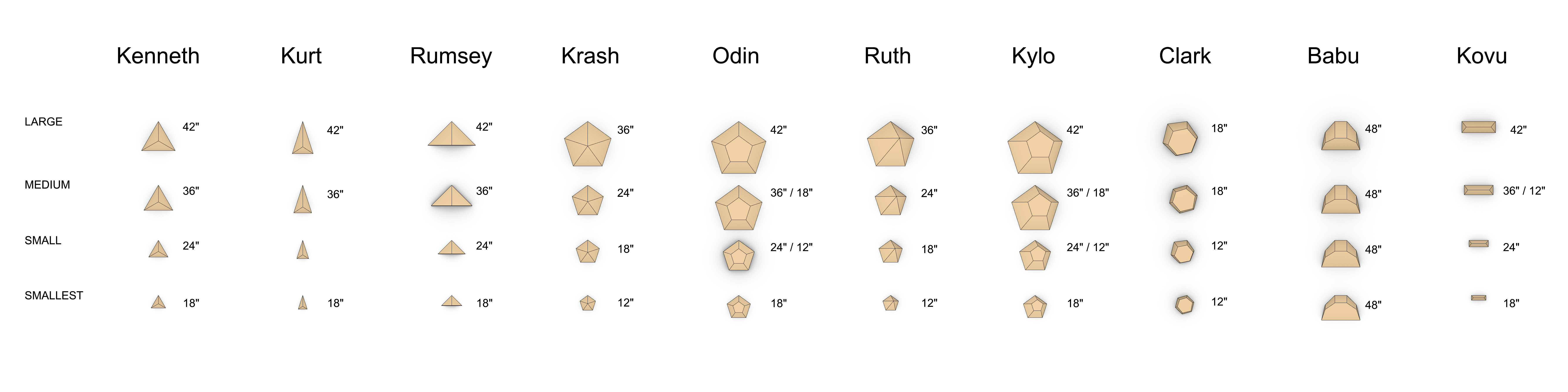 Vertical Solutions wooden volume shapes and sizes: Kenneth, Kurt, Rumsey, Krash, Odin, Ruth, Kylo, Clark, Babu and Kovu
